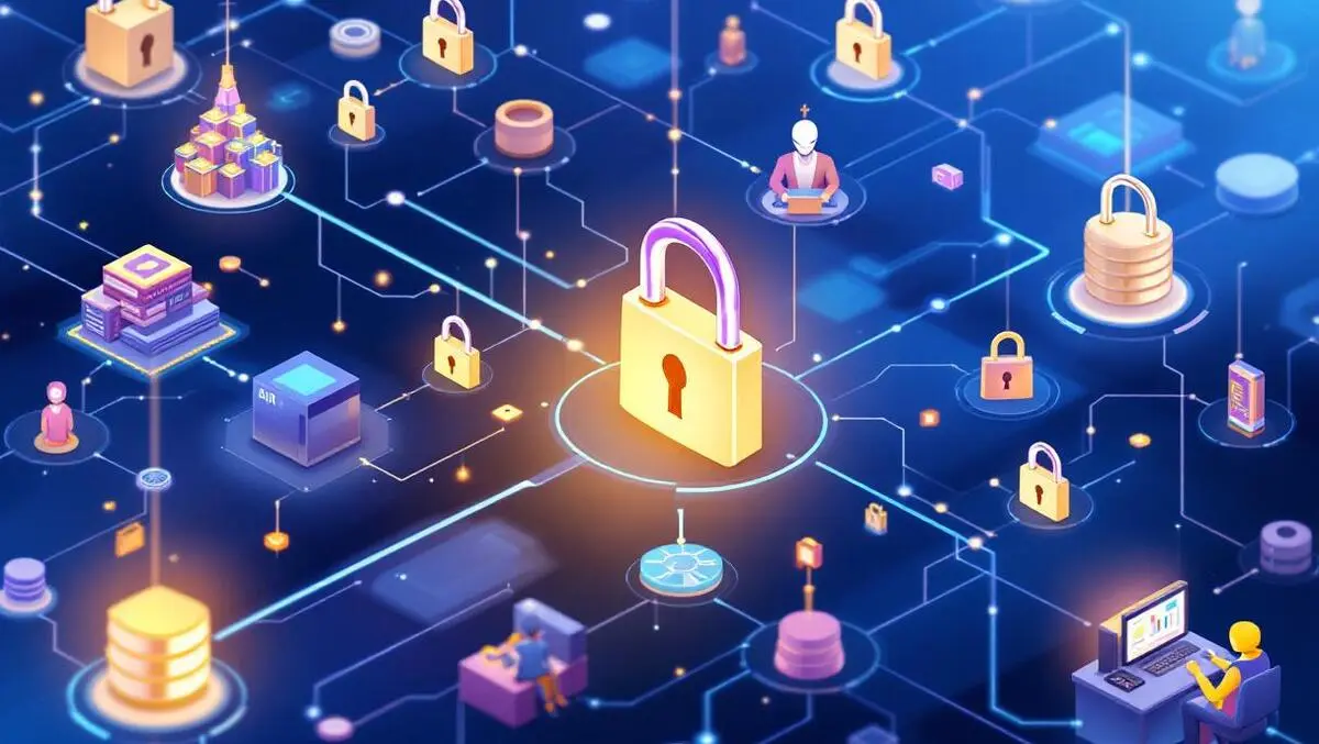 Interconnected digital nodes data flow secure locks human figures ai automation security