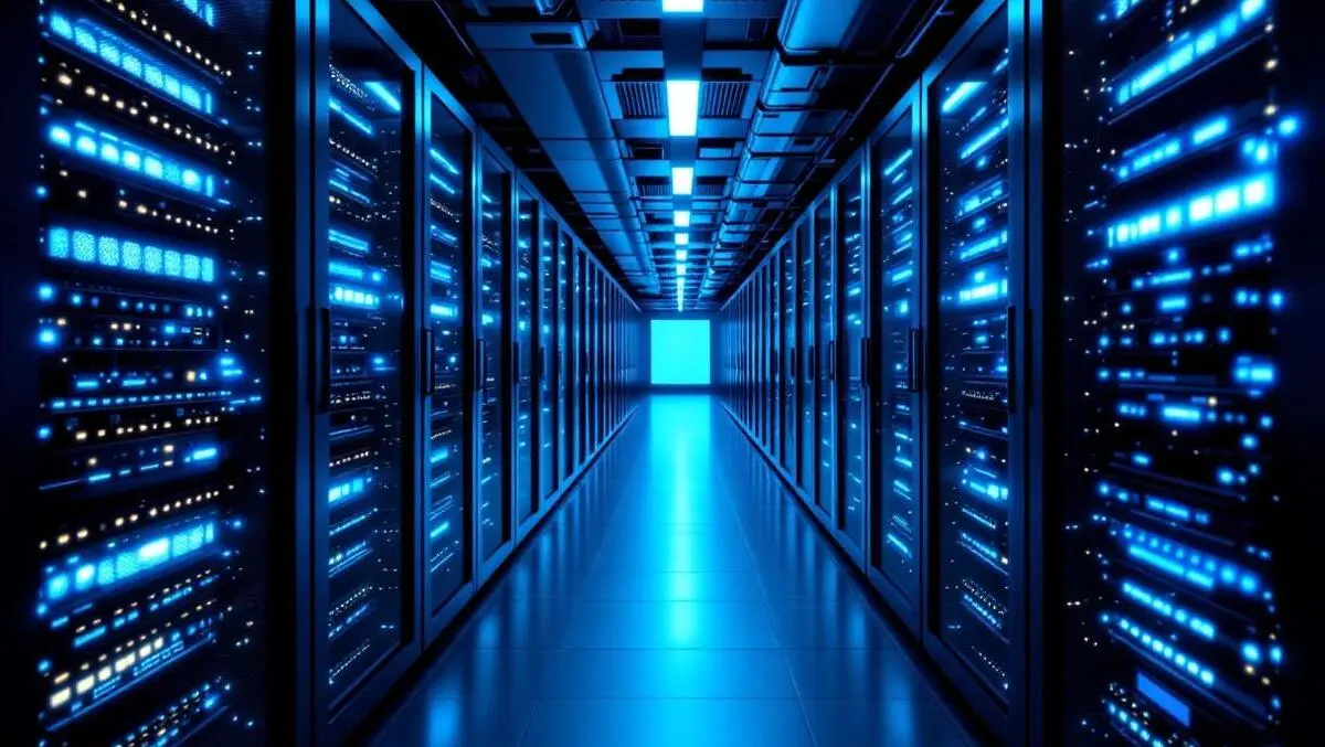 Modern data center rows storage servers glowing blue lights high tech