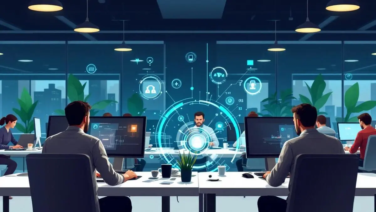 Australian office workers ai digital elements modern open plan office scene