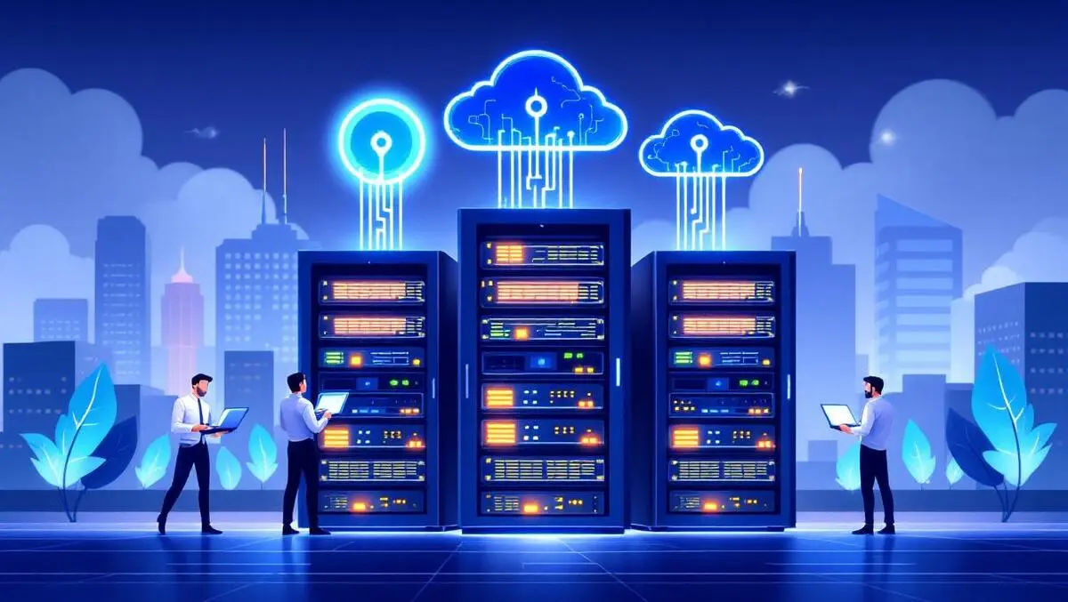 Modern data centers glowing server racks cloud icons business professionals perth skyline