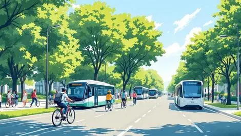 Realistic illustration bicycles electric buses tree lined street clean air
