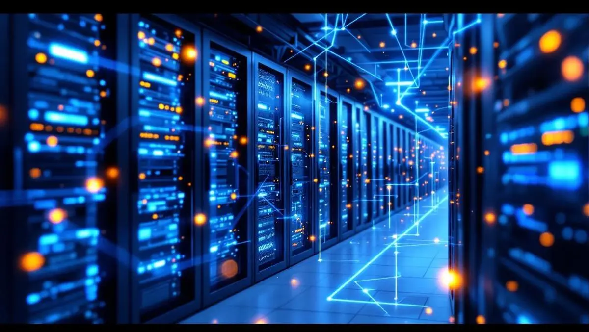 Data center network servers cables glowing lines automation ai it infrastructure