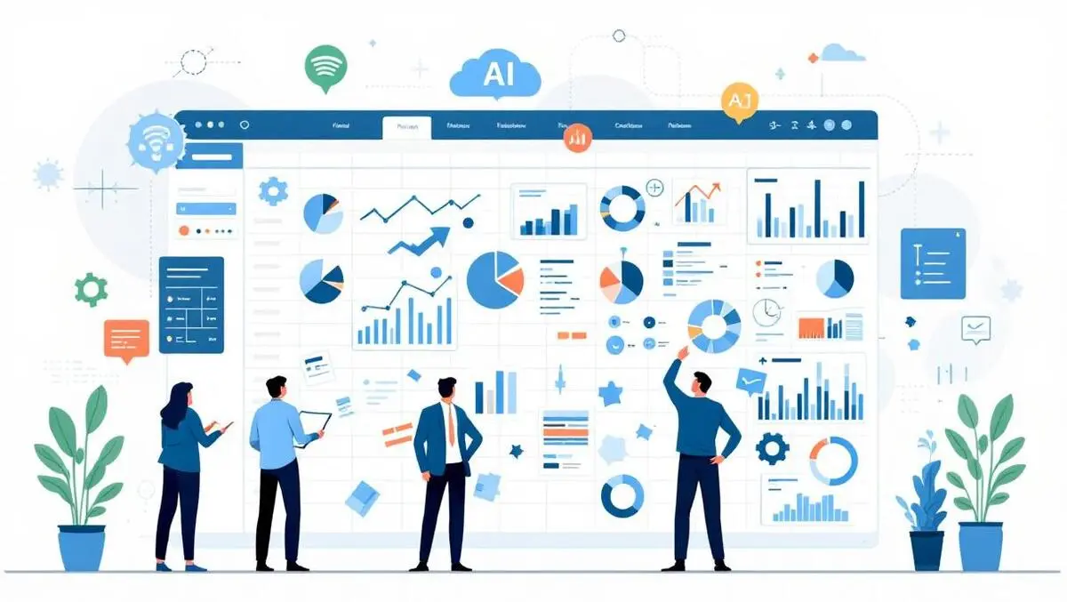 Business team analyzing fragmented spreadsheet with ai compliance icons