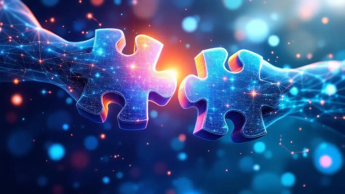 Interlocking digital puzzle pieces merging over globe technology firms ai platform