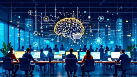 Team of professional engineers collaborating with digital brain network motifs modern office ai