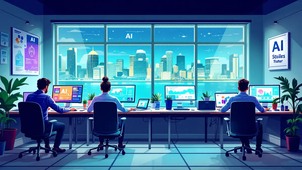 Australian office with ai computers employees and empty desks skill shortage sydney skyline