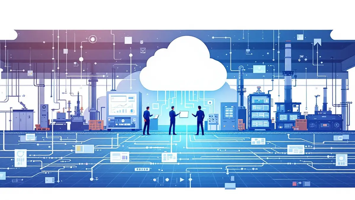 Factory machines data streams cloud engineers analyzing dashboards automation