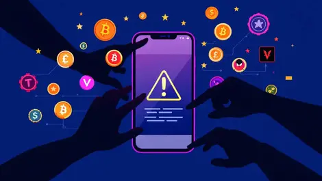 Smartphone warning symbol digital money crypto coins shadowy hands eu stars