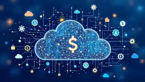 Cloud icon network lines nodes financial symbols digital gears process automation