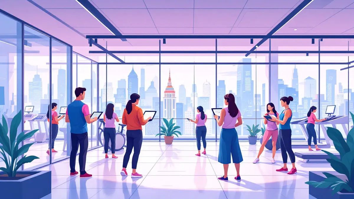 Modern fitness club digital tablets computer screens asia pacific metropolitan