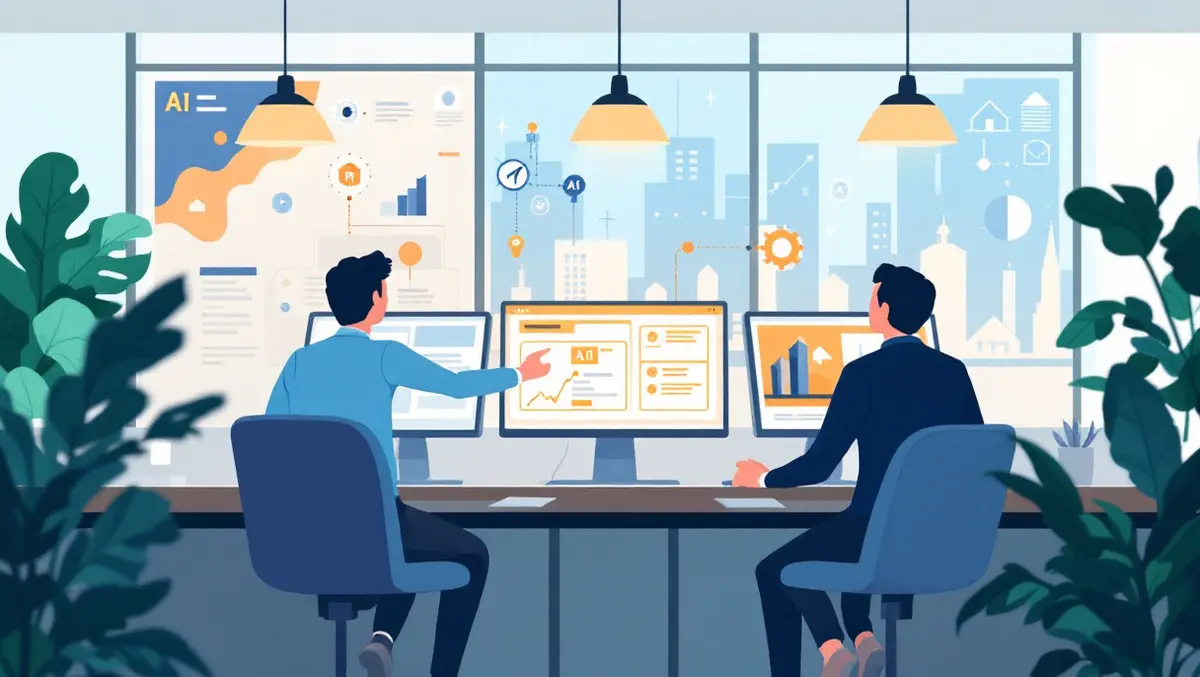 Busy real estate agents in modern australian office with ai automation icons