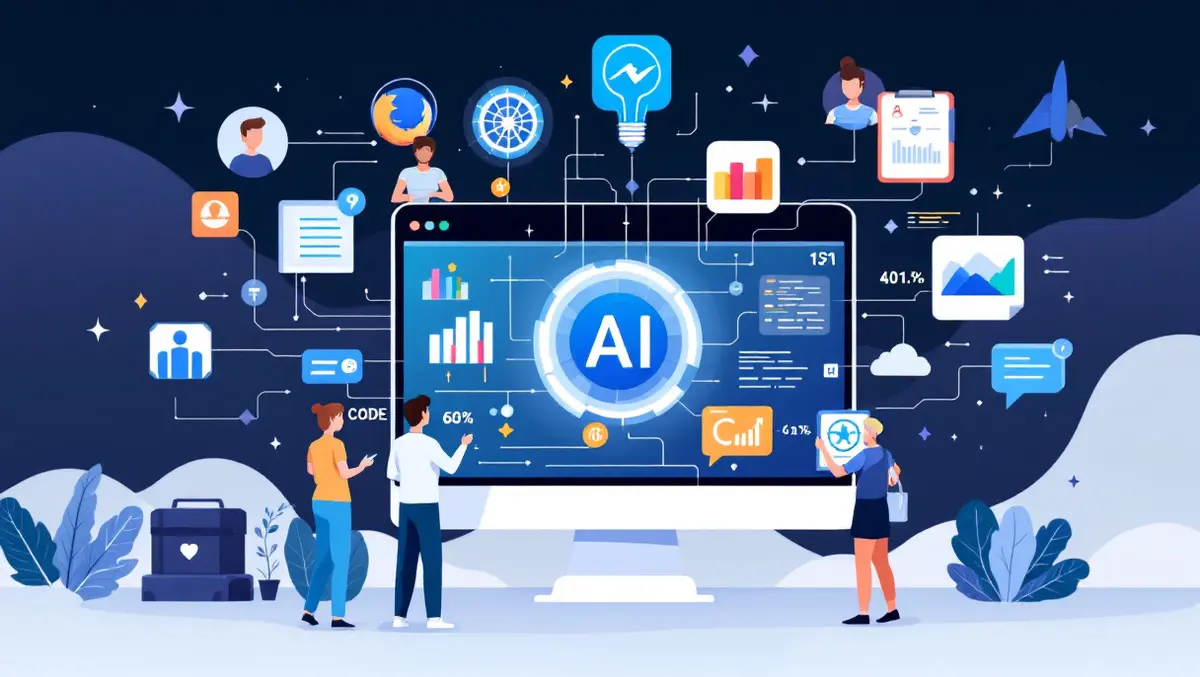 Computer screen flowing data visualizations ai icons human avatars interacting ai translation coding tools