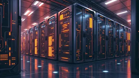 Modern data center sleek server racks glowing lights organized cabling