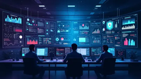 Modern security operations centre analysts monitoring multiple screens network threat alerts