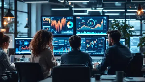 Uk office workers collaborating ai graphs data technology teamwork