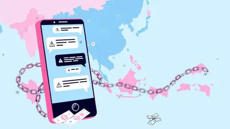 Smartphone message bubbles warning broken chain dollar bills asia pacific map