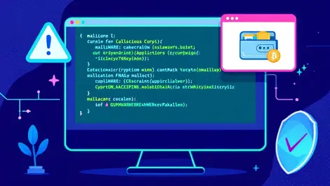 Cybersecurity threat cryptocurrency wallet malware warning digital illustration