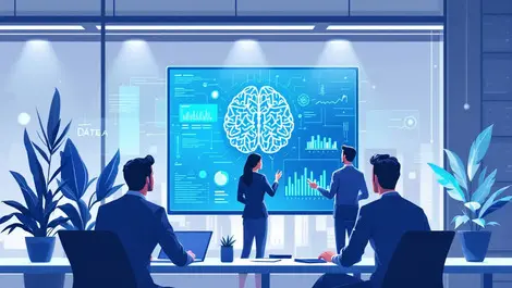 Modern office professionals collaborating digital screen ai data illustration