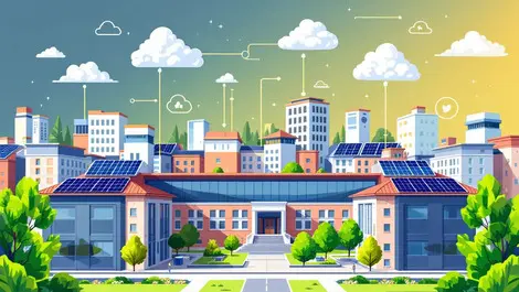 Modern university campus solar panels servers cloud icons greenery sustainability education