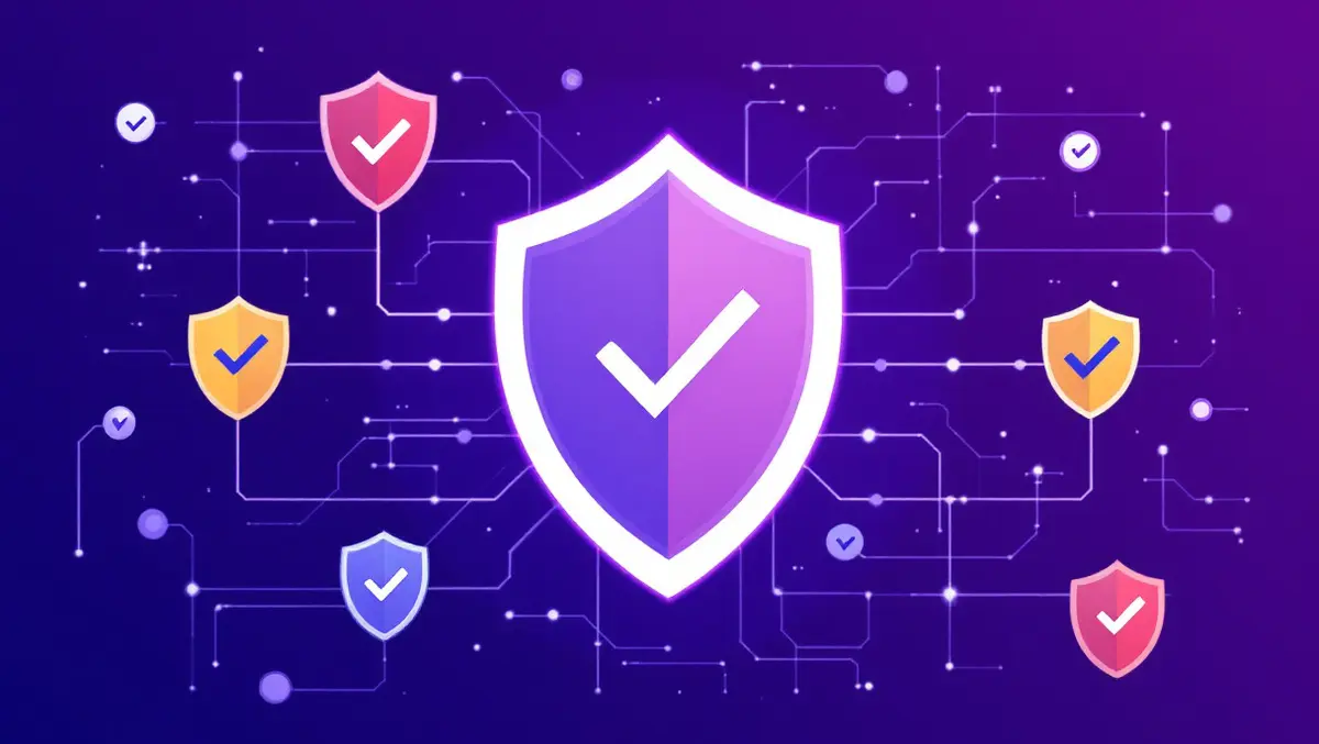 Stylized illustration digital security shields checkmarks software compliance