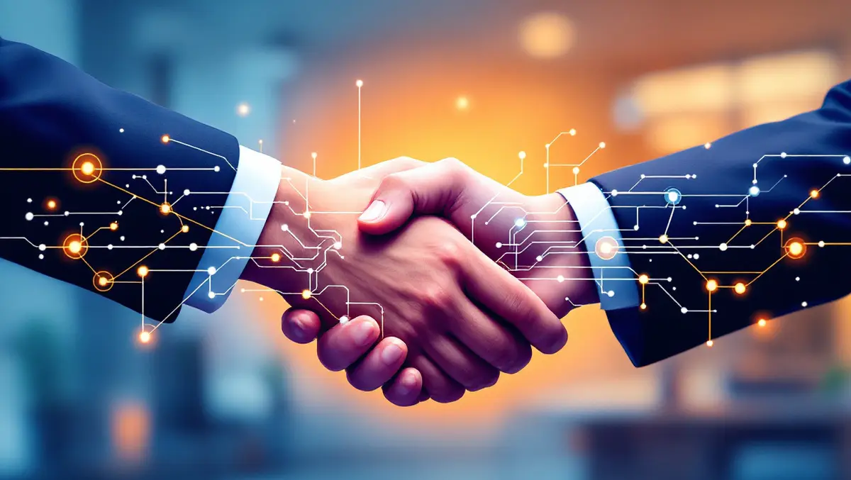 Handshake between business people with ai circuit connection modern office