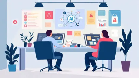 Australian office employees using computers ai icons with data vulnerability