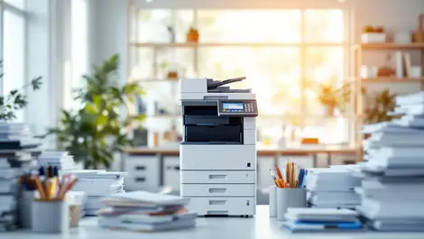 Modern multifunction printer office supplies paper stacks two decades innovation
