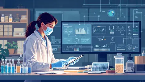 Laboratory technician modern sequencing lab managing barcoded samples scanning tablet digital data flow