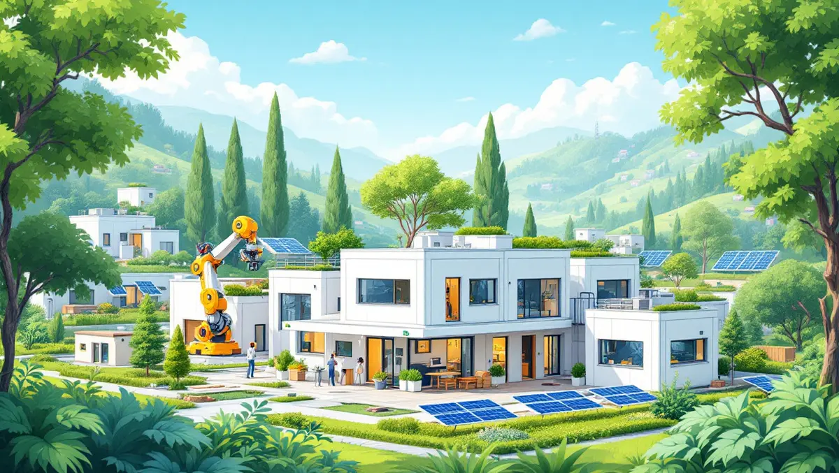 Modern factory assembling modular houses greenery solar panels automation