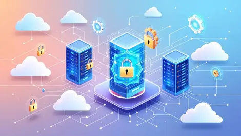 Interconnected abstract computer servers clouds digital locks gears security innovation global software development