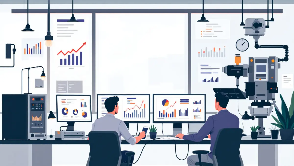 Australian office workers analyzing charts data on computer monitors with automation
