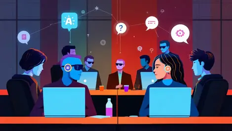 Office workers using laptops ai icons individuals vs collaborative puzzle