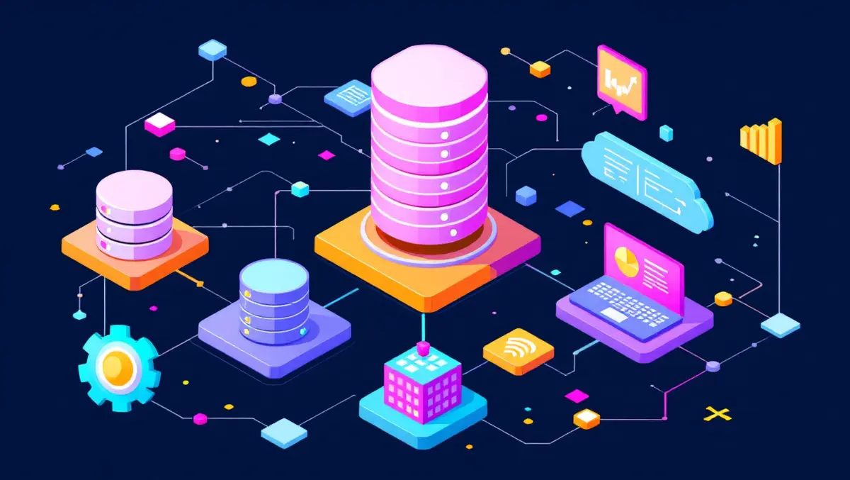 Stylized illustration interlocking data nodes flowing connections databases analytics