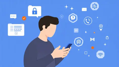 Person using smartphone surrounded by security biometrics icons digital interactions