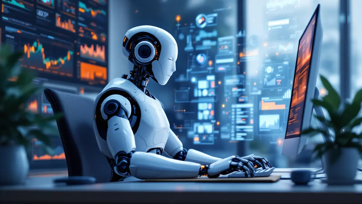 Realistic humanoid robot working desktop computer digital data ai office