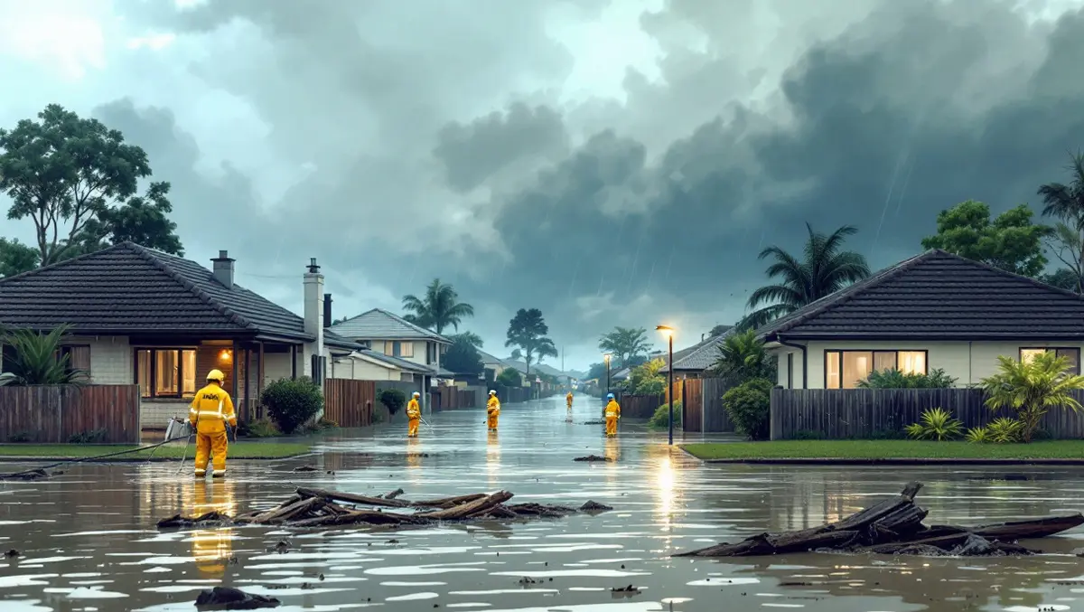 Flooded australian houses emergency personnel assisting residents stormy sky damage