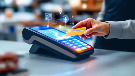 Realistic illustration payment terminal customer hand credit card digital transaction icons retail technology