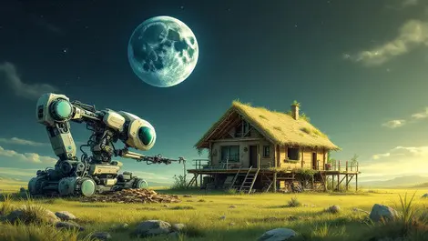 Robotic machine assembling natural materials house on grassy field earth moon sky