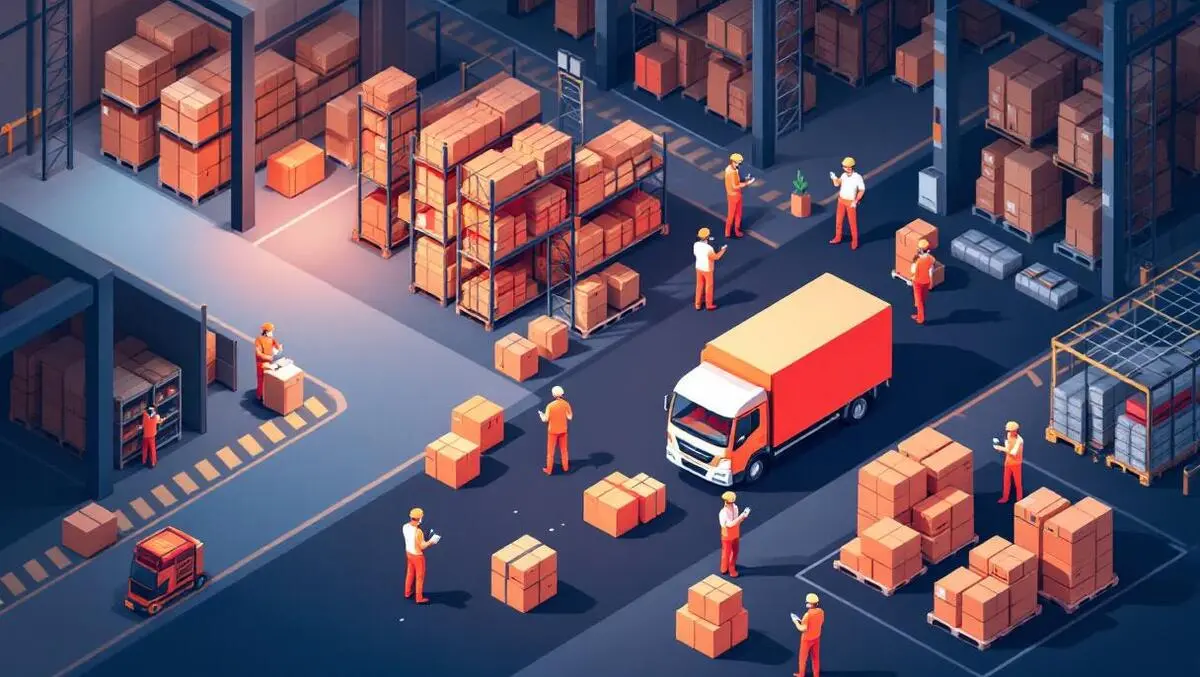 Australian warehouse workers mobile devices shelves goods truck loading