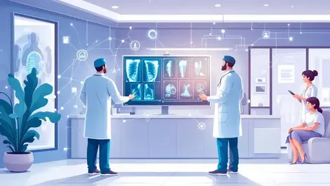 Two radiologists modern australia new zealand clinic examining screen digital healthcare telemedicine