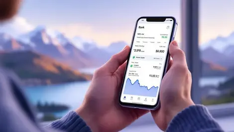 Realistic illustration person reviewing bank transaction smartphone nz landscape