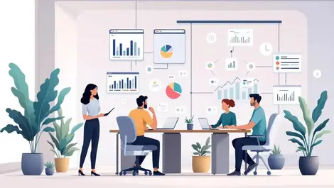 Business office professionals digital interface interconnected charts graphs automation streamlined workflows b2b marketing