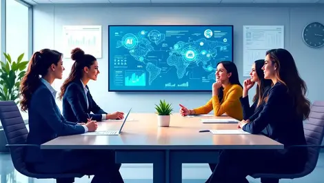 Professional women business meeting digital screens ai graphics uk office