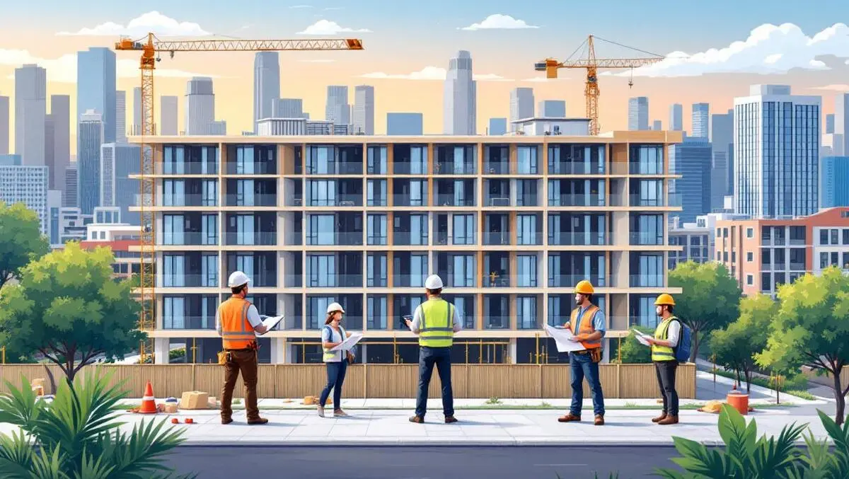 Construction workers project managers reviewing blueprints australian city apartment housing modern tech