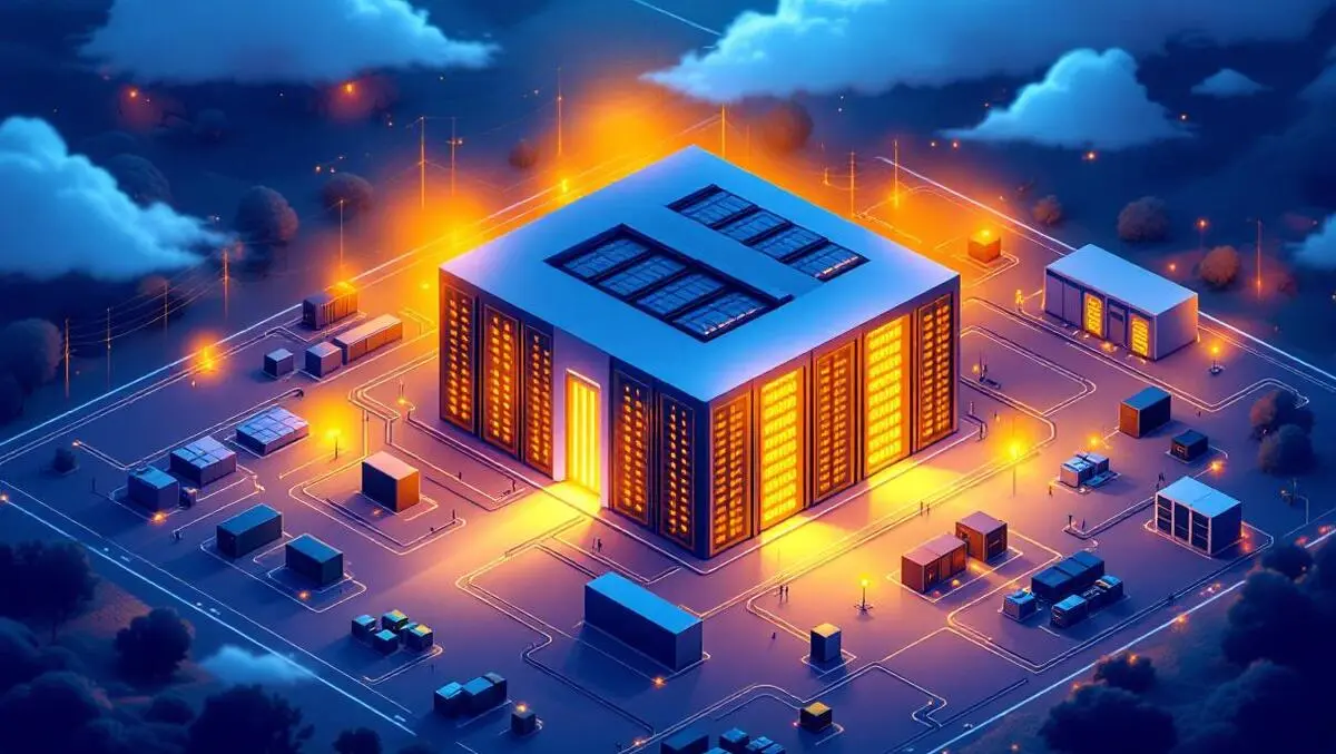 Large data center surrounded by backup generators battery systems glowing lights australian new zealand landscape