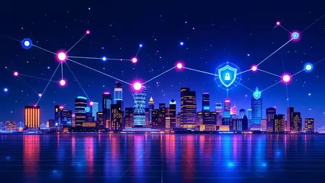 Australian financial district skyline digital network connectivity cybersecurity