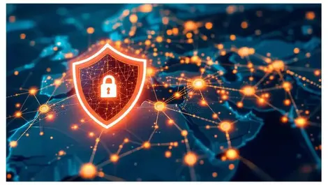 Shield protecting glowing network node map europe middle east africa cybersecurity