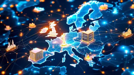 Illustration interconnected data centers europe london paris frankfurt amsterdam dublin