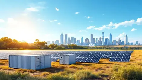 Australian solar field with large battery storage units sydney skyline