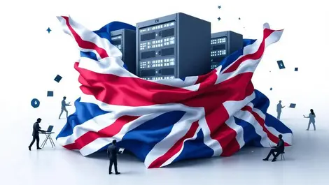 Uk flag wrapped digital servers with people symbolizing local ai data governance
